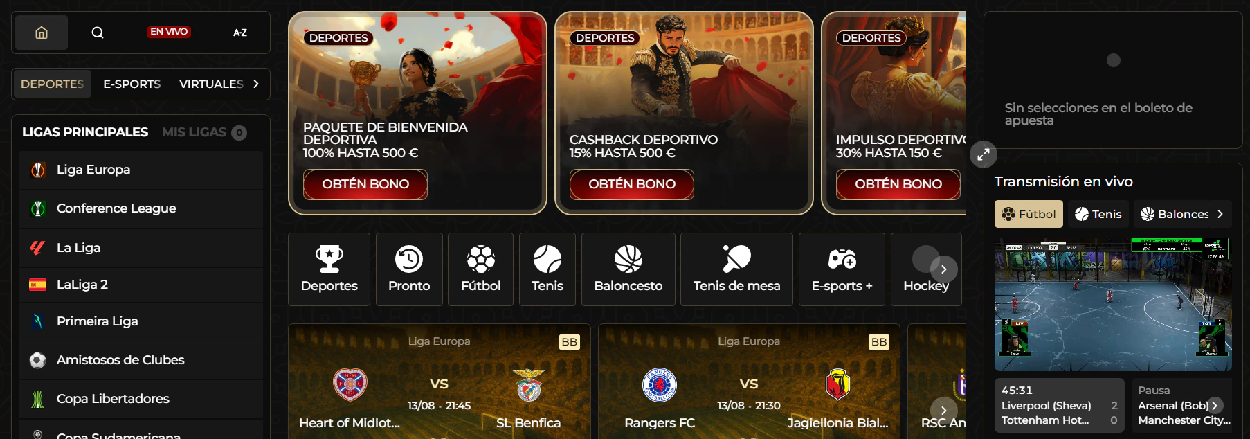 Sección deportiva de Casina Casino con apuestas en deportes y eSports